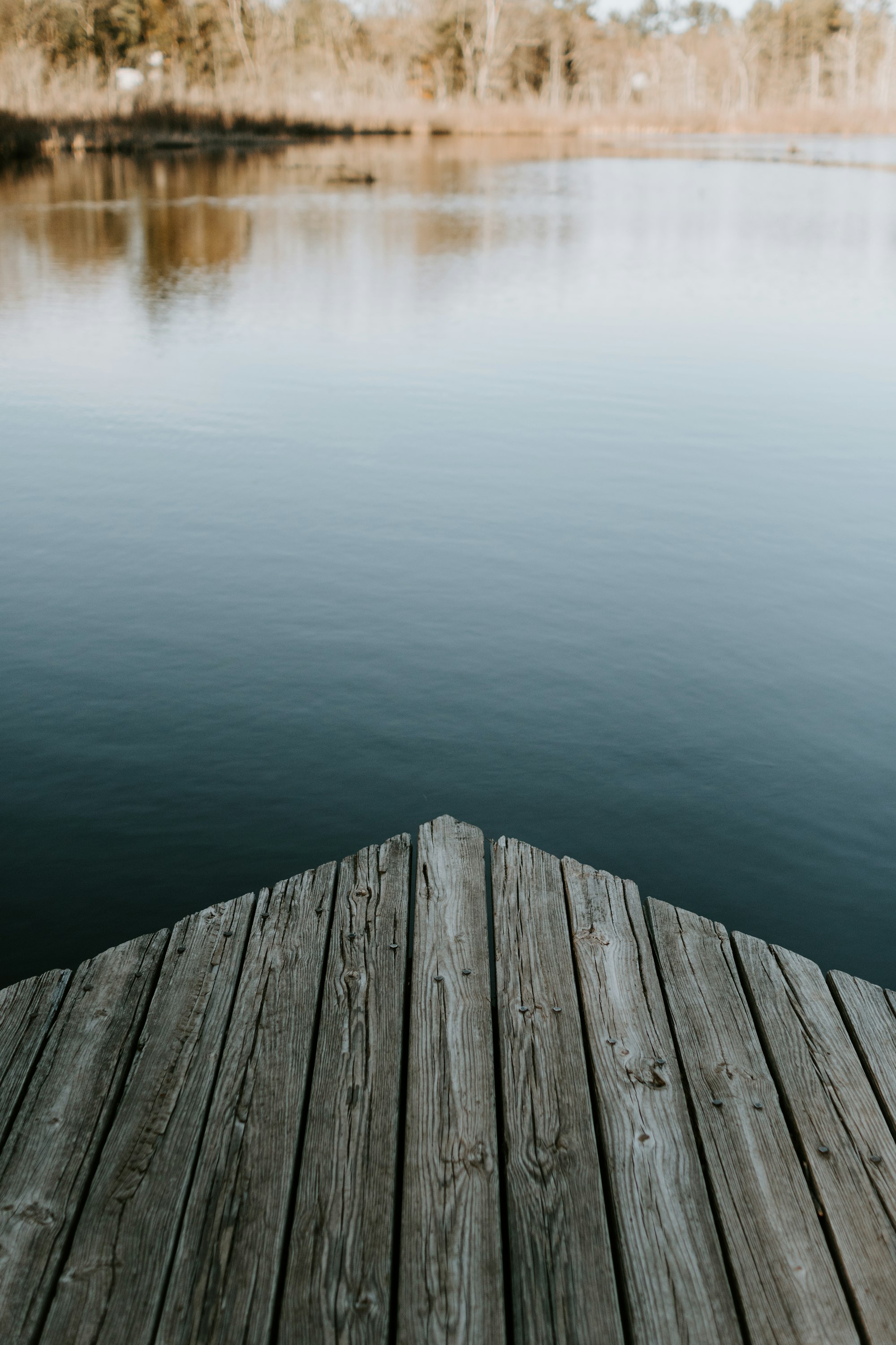 A weathered wooden dock extending into a calm lake